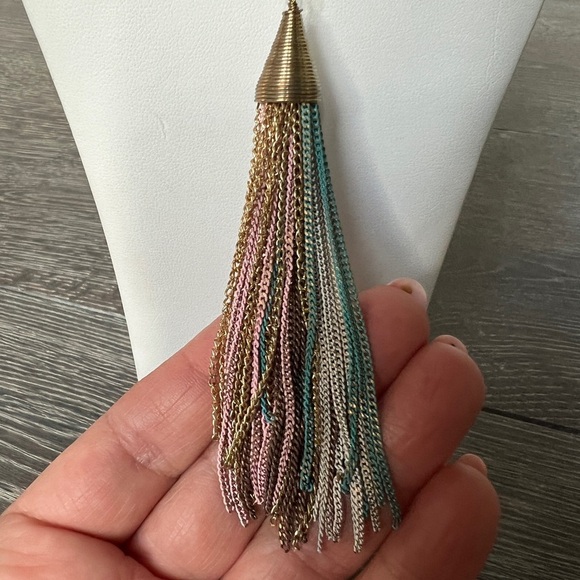 Gold tone long necklace with multi-color tassel - Picture 5 of 8